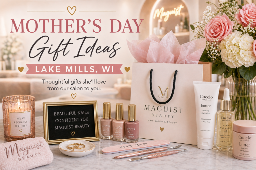 Mother's Day gift ideas at Maguist Beauty & Lifestyle in Lake Mills, WI — gift bag, nail polish, hand cream, candle, and roses